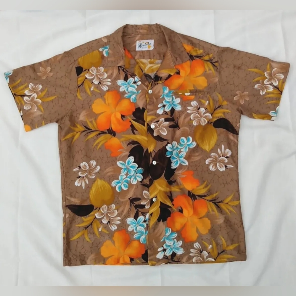 Vintage 60s 70s HOALOHA Hawaiian shirt tan orange tropical